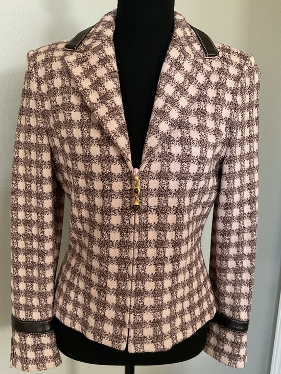 St. John Collection Jackets & Blazers - St. John Collection Brown and cream Tweed and leather Zip-Front Blazer
